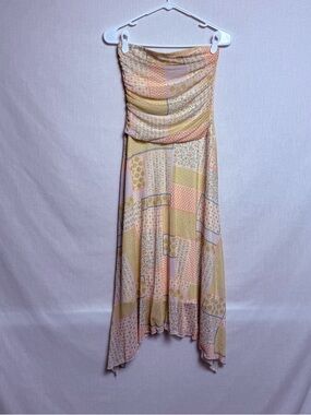 See You Monday Strapless Dress Size M Patchwork Floral Handkerchief Hem Boho